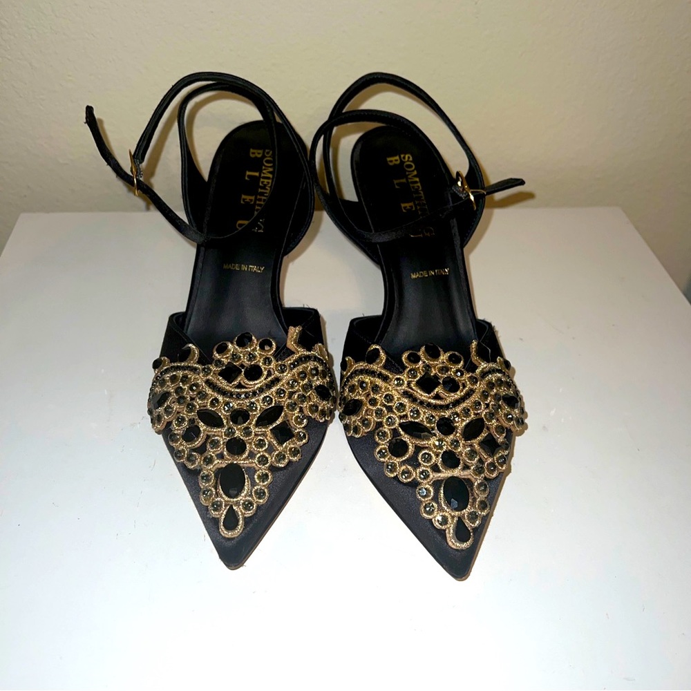 Women’s Something Bleu Black Satin Emmie Crystal Heel Sandal Shoes  US 7B